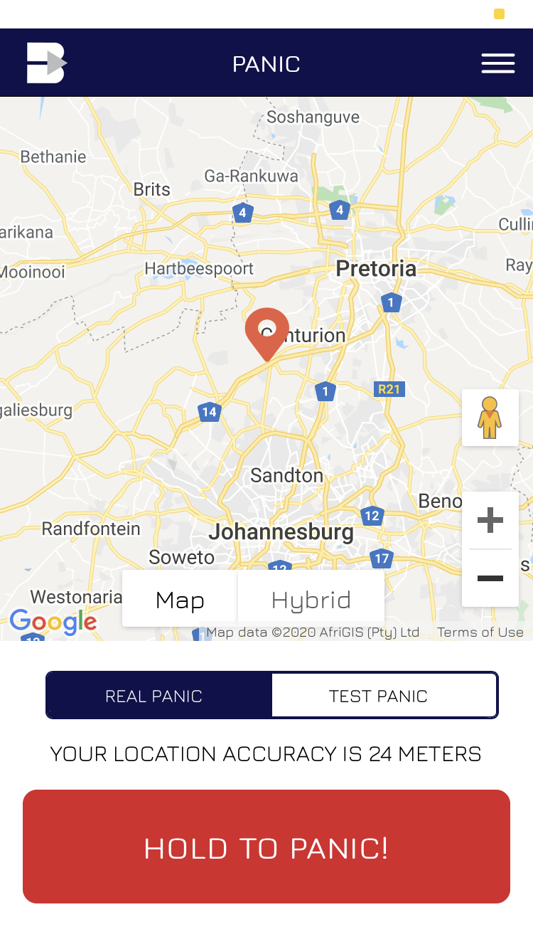 Bidvest Panic Alert real panic screen with the red Hold To Panic button
