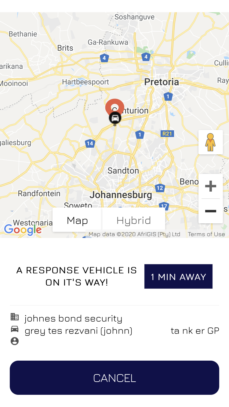 Bidvest Panic Alert response vehicle tracking screen showing an armed response vehicle one minute away
