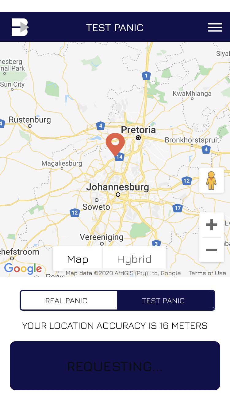 Bidvest Panic Alert test panic screen showing a map of Gauteng with the user's location pinned
